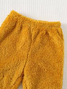 Cozy Pixies 2pcs Baby Boy Cartoon Tiger Print Fleece Ear Decor Crew Neck Long Sleeve Hoodie And Elastic Waist Long Pants Set Fall Winter