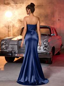 Glamrae 优雅奢华钻石链蕾丝拼布弹力缎面褶饰性感开衩鱼尾裙，带拖尾，适合婚礼、派对、度假、舞会、正式场合（重型） - 藏蓝色 - 查看 4