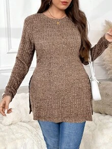 SHEIN Frenchy T-shirt à manches longues décontracté à col rond, manches raglan et côtes avec fente, taille grande - Marron - Voir 4