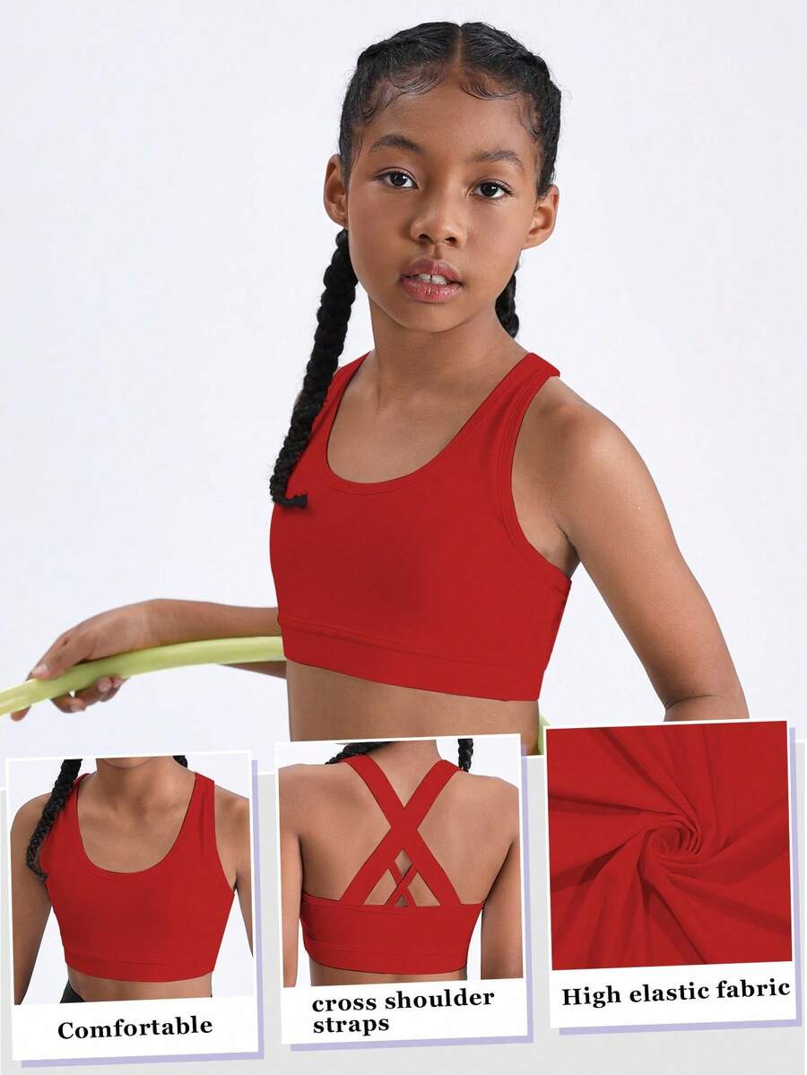 SHEIN Tween Girls' Solid Color Crossback Sports Tank Top - Red - View 1
