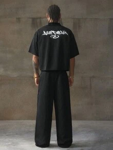 AXEPEAK 男士字母印花条纹短袖衬衫配阔腿裤休闲西装 - 彩色 - 查看 5