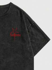 ROMWE MEN Grunge Punk Spring/Summer Casual Graphic Snowflake, Star & Letter Graphic Round Neck Short Sleeve T-Shirt - Black - View 5