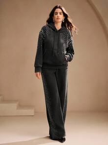 Anewsta Women's Charcoal Gray Oversized Rhinestone Decor Hooded Sweatshirt,Long Sleeve Drawstring Hoodie For Autumn,Casual Night Out,Urban Commute,Winter - Black - View 5