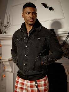 Manfinity Homme Áo khoác denim đen cổ điển dành cho nam, áo khoác ngoài thường ngày mùa thu - màu đen - Xem 1