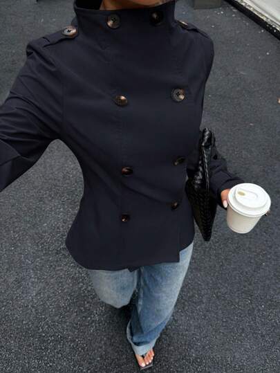 SHEIN EZwear Abrigo largo de mujer con botones decorativos de manga larga, unicolor, para otoño