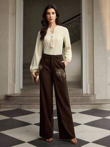 ZEYLAH 女士优雅长袖打结衬衫，修身时尚 - 杏色 - 查看 5