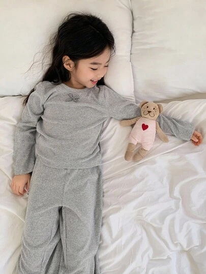 DAZY 少女蝴蝶结装饰长袖上衣和裤子睡衣套装
