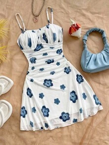 Soleia 女士夏季度假蓝白花卉网眼吊带裙 - 藍白色 - 查看 1