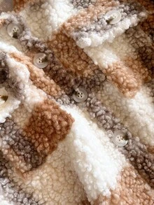 Tween Girl Casual Plaid Faux Fur Jacket, Autumn/Winter - Khaki - View 5