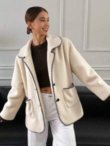 Livesso Chaqueta de bolsillo con forro de borreguito sintético de ajuste regular para mujer, abrigos de mujer de otoño - Beis - Ver 3