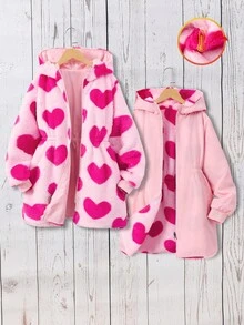 SHEIN 少女心形图案双面连帽休闲夹克，秋冬 - 玫紅色 - 查看 4