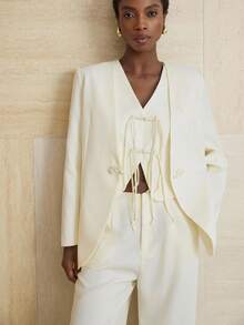 Aveloria Modichic 3 Pieces Set: Chinese Style Exquisite Button Vest, Long Sleeve Collarless Jacket, And Straight Leg Pants