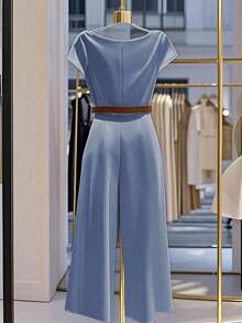 Franclia 女士优雅褶皱宽松阔腿连体裤，简约纯色 - 藍色 - 查看 2