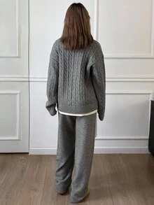 DAZY 女士休闲撞色针织毛衣和裤子两件套，秋季 - 灰色 - 查看 2