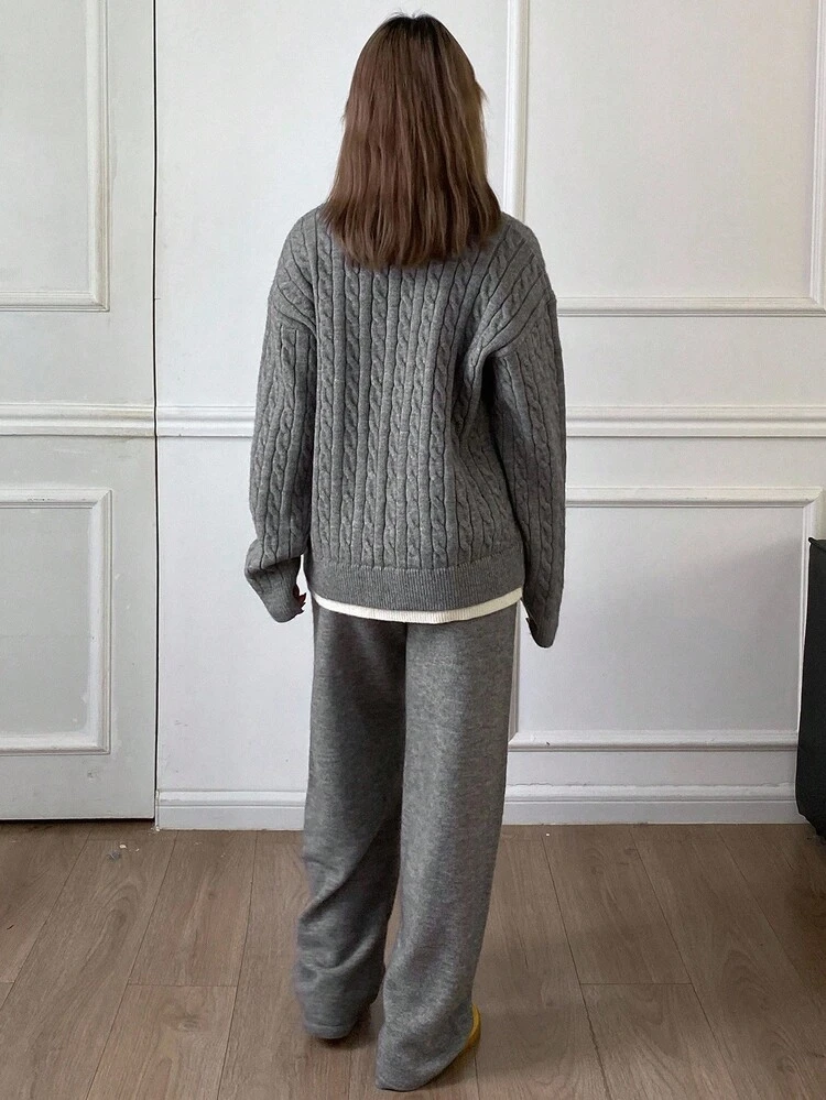 Women's Casual Contrast Color Knitted Sweater And Pants 2 Pieces Set, Autumn