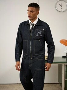 RivetRise 2pcs Men Letter Embroidered Denim Jacket And Flared Leg Jeans Clothes Set, Fall - Dark Wash - View 4