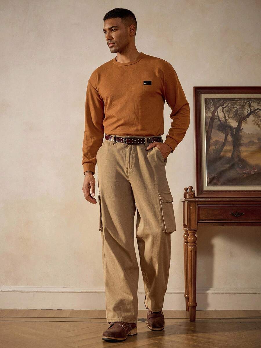 RivetRise 男士卡其色休闲宽松阔腿工装牛仔裤 - 卡其色 - 查看 1