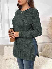 SHEIN Frenchy 大码女式休闲纯色罗纹长袖开衩修身T恤，春秋季 - 綠色 - 查看 5