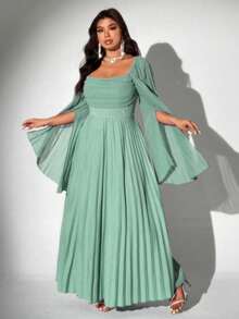 Viva Relle Vestido feminino plus size elegante romântico plissado de chiffon manga comprida - Menta verde - Ver 6