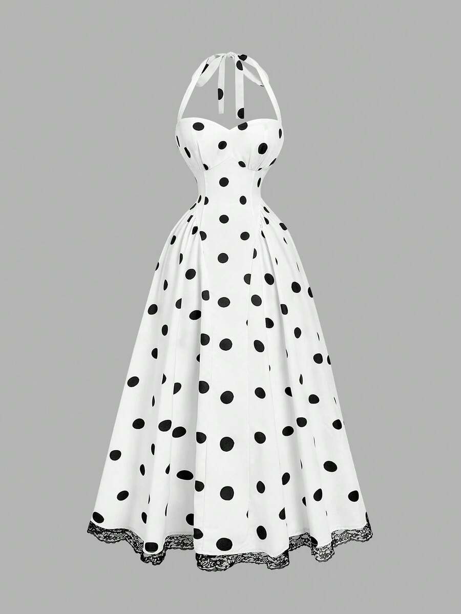 SHEIN MOD 女士优雅复古波尔卡圆点吊带蕾丝边中长连衣裙 - 黑與白 - 查看 1