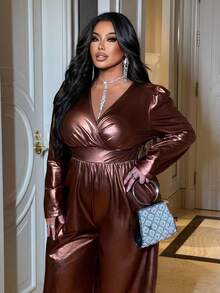 Celure Mono de pierna ancha con cuello cruzado en V, manga larga y plisado para mujer de talla grande