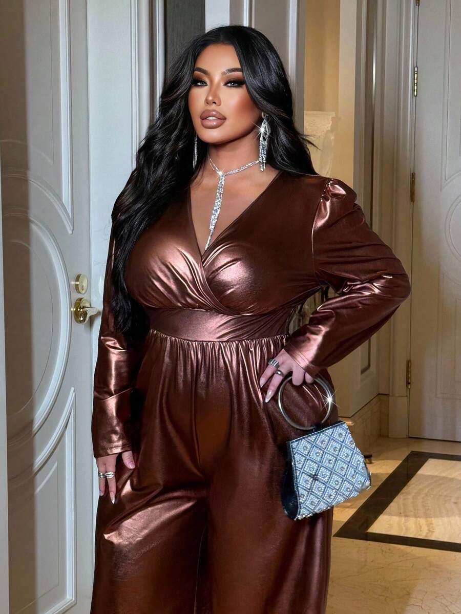 Celure Mono de pierna ancha con cuello cruzado en V, manga larga y plisado para mujer de talla grande