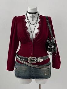 Flirla Plus Size V-Neck Ruffle Trim Casual Short Sleeve Blouse For Women Fall - Burgundy - View 1