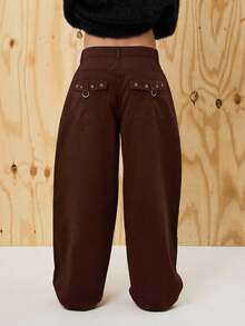 COUREZ Quần ống rộng cạp thấp dáng phồng bằng cotton với vòng kim loại phía sau / Trang phục đi chơi phong cách Y2K, quần áo mùa thu cho nữ, quần áo mùa đông cho nữ, quần ống rộng thường ngày phong cách rave. - Màu Khaki - Xem 3