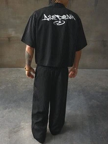 AXEPEAK 男士字母印花条纹短袖衬衫配阔腿裤休闲西装 - 彩色 - 查看 6