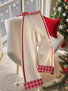 GlowEve Quần ống rộng họa tiết kẻ caro vá lỗi Giáng sinh dành cho nữ - Màu be - Xem 1