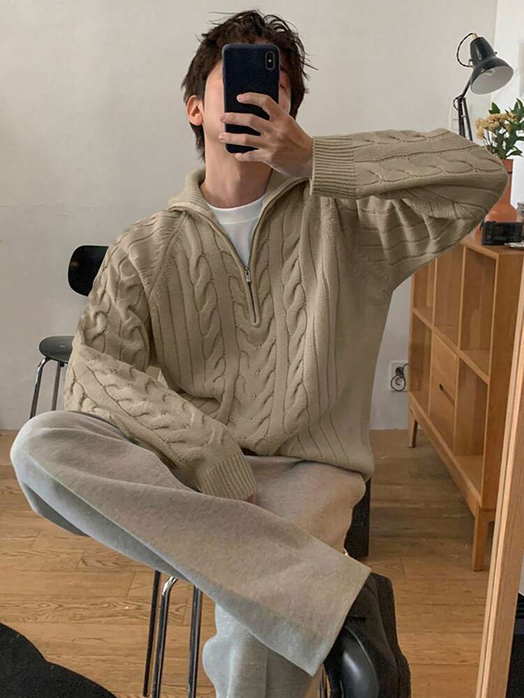 Solid Color Khaki Half-Zip Men Sweater, Autumn/Winter