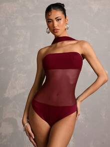 SHEIN BAE 女士纯黑色无肩带透视性感连体衣，适合音乐节、演唱会、派对、度假、日常穿着、庆祝活动、街头活动、节日装扮 - 酒紅色 - 查看 5