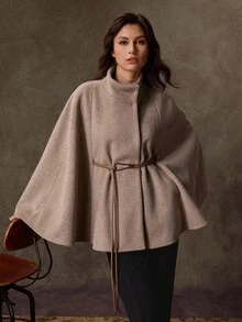 Lilora Women's Elegant Stand Collar Poncho Style Overcoat Autumn Winter - Brown - View 5
