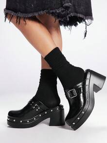 Sugerpunk Women's Fashionable Thick Sole Black Buckle Decor High Heel Shoes, Suitable For Summer Y2K Punk Chic Street Sports Goth Style, Spring Vacation Easter