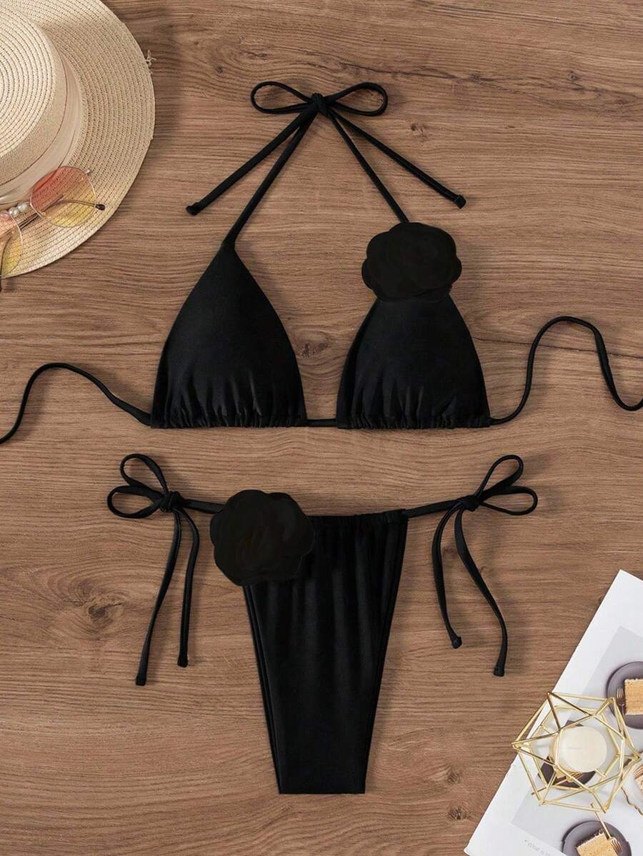 SHEIN X Lily May Mac 夏季海灘刺繡三角形綁帶比基尼套裝 - 黑色 - 查看 1