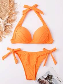 Oceva Summer Beach Halter Push Up Halter Bikini Set, Bathing Suit - Orange - View 3