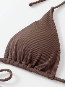 Swim Basics Summer Beach Rib Halter Triangle Bra & Tie Side Swim Bottom Bikini Bathing Suit - Brown - View 3