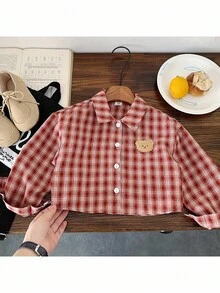 年轻女孩编织格子短款休闲衬衫 - 紅色 - 查看 3