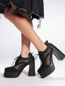 Sugerpunk Women's Black Mesh High Heel Pumps, Suitable For Daily, Goth, Punk, And Campus Wear - Black - View 3