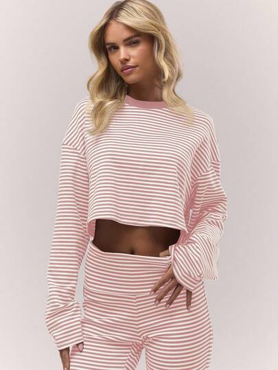 MUSERA Camiseta holgada de manga larga con cuello redondo a rayas, corta, para otoño, estilo antiguo, lindo, estilo cabaña de campo, casual, para el regreso a la escuela, para el invierno, Navidad, Acción de Gracias, elegante