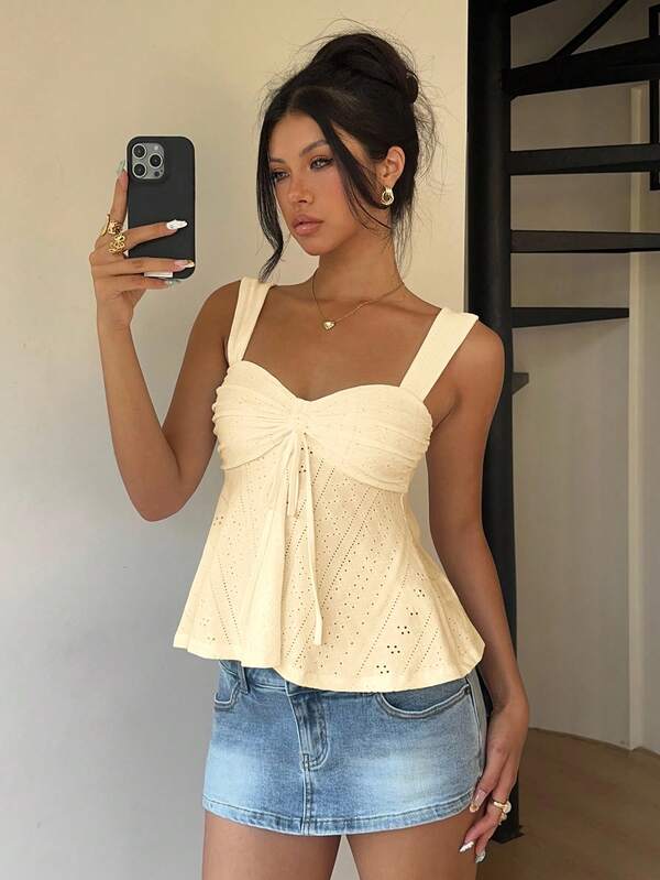 SHEIN EZwear Mustard Yellow Knit Casual Sleeveless Top For Women, Versatile For Summer Babydoll Tops Cream Top Ruched Top Bow Top Women