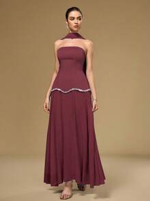 Coutiva Vestido Elegante de Coquetel Bodycon Sem Alças da Moda para Mulheres - Vinho - Visão 3