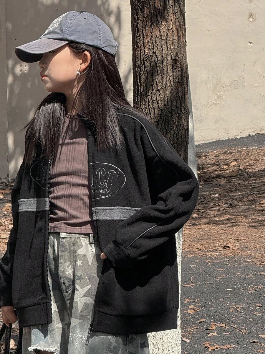 Dazy Kids Tween Girls Letter Embroidery Fleece Jacket,Winter - Grey - View 1