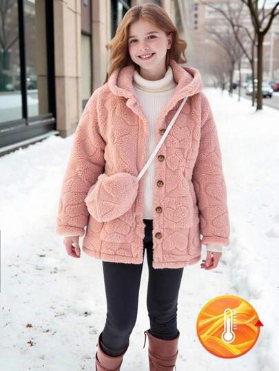 SHEIN 1件女童冬季新款2025毛绒外套心形图案连帽松紧腰简约休闲通勤时尚心形斜挎包保暖厚外套+心形斜挎包