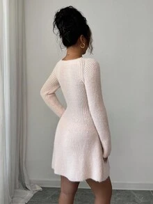 Elenzga Women's Square Neck Fluffy Waist Cinched Party Sweater Dress, Autumn/Winter - Baby Pink - View 2