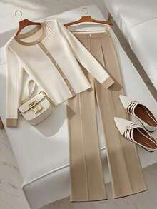 SHEIN Franclia Women's Elegant Long Sleeve And Long Pants 2 Pieces Set