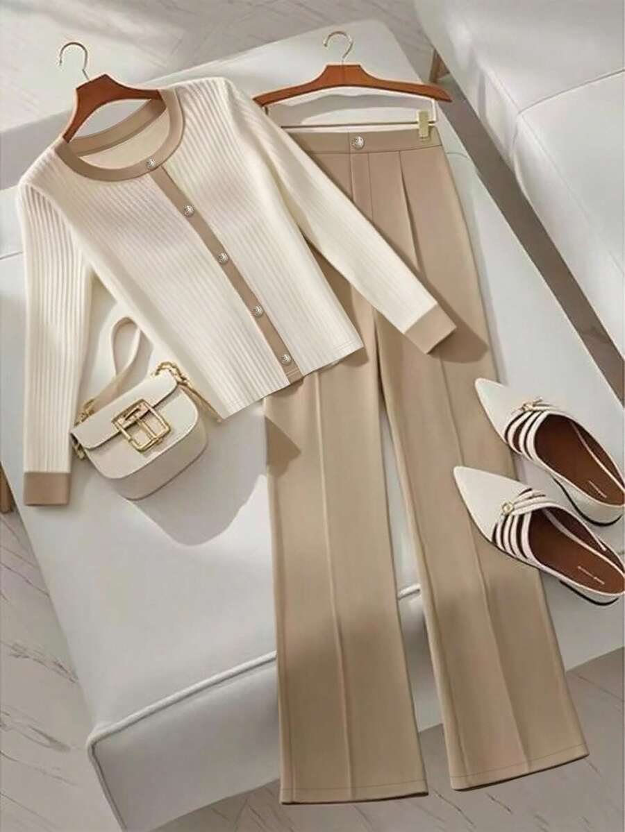 SHEIN Franclia Women's Elegant Long Sleeve And Long Pants 2 Pieces Set