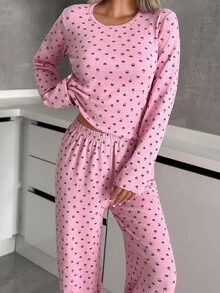 SHEIN Cottnline Cotton Plus Size Women Heart Letter Pattern Rib Knit Round Neck With Long Sleeve Top&Pants Homewear Comfort Lounge Set For Ladies - Pink - View 5