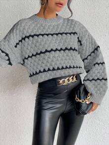EMERY ROSE Women's Casual Everyday Commute Colorblock Striped Pattern Dropped Shoulder Loose Popcorn Knit Pullover Sweater, Autumn/Winter - Grey - View 6