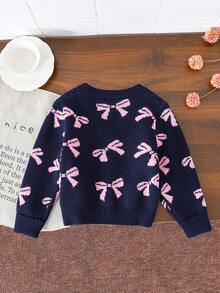 SHEIN Playful Pals 粉色蝴蝶结图案针织开衫，适合居家、外出、聚会、返校季、冬季、圣诞节、万圣节等场合，秋季保暖舒适。 - 藏蓝色 - 查看 3